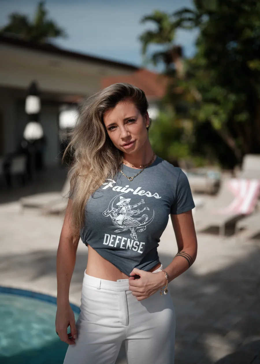 Fairless Defense grey crop tee poolside